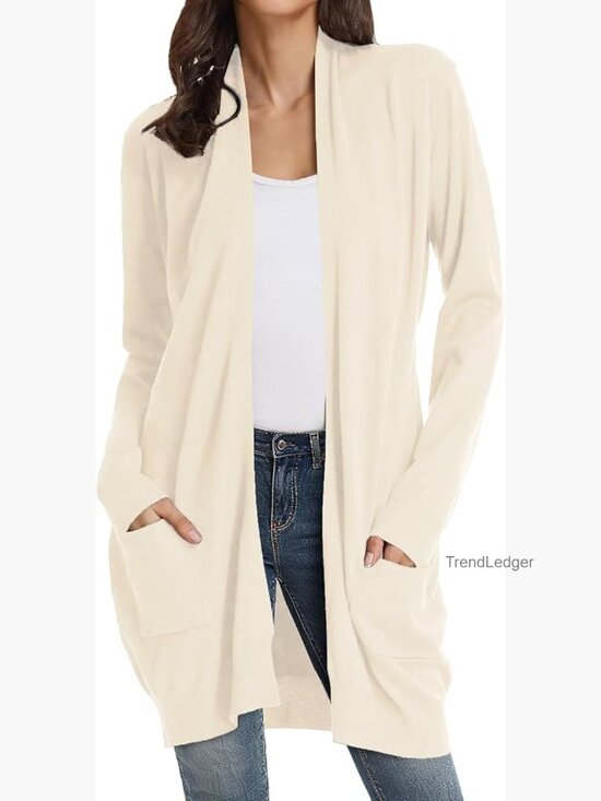 Sweaters - Long Open Front Cardigan Sweater with Pockets Lightweight Knit